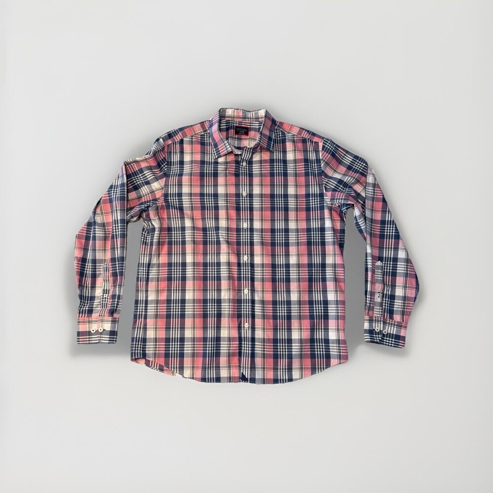 UNTUCKit Poplin Button Up Dress Shirt Mens XL Reg Pink Navy Plaid Wrinkle Free